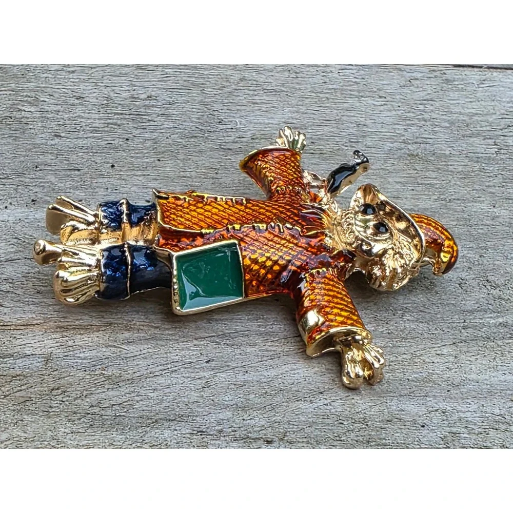 Scarecrow Brooch Gold Tone Enamel Fall Autumn Crow Rhinestone Pin